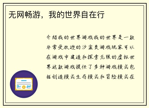 无网畅游，我的世界自在行